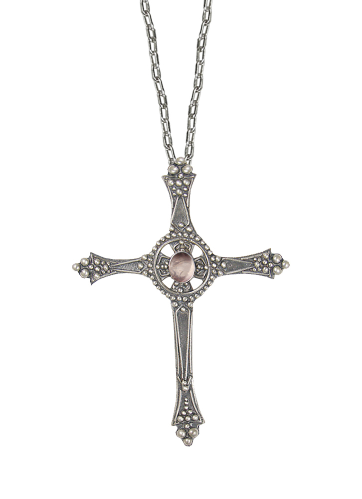 Sterling Silver Baroque Cross Pendant With Rose Quartz